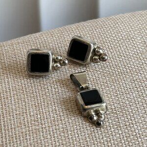 Vintage Mexico 925 Sterling Silver Black Onyx Square Earrings Pendant Set 15g